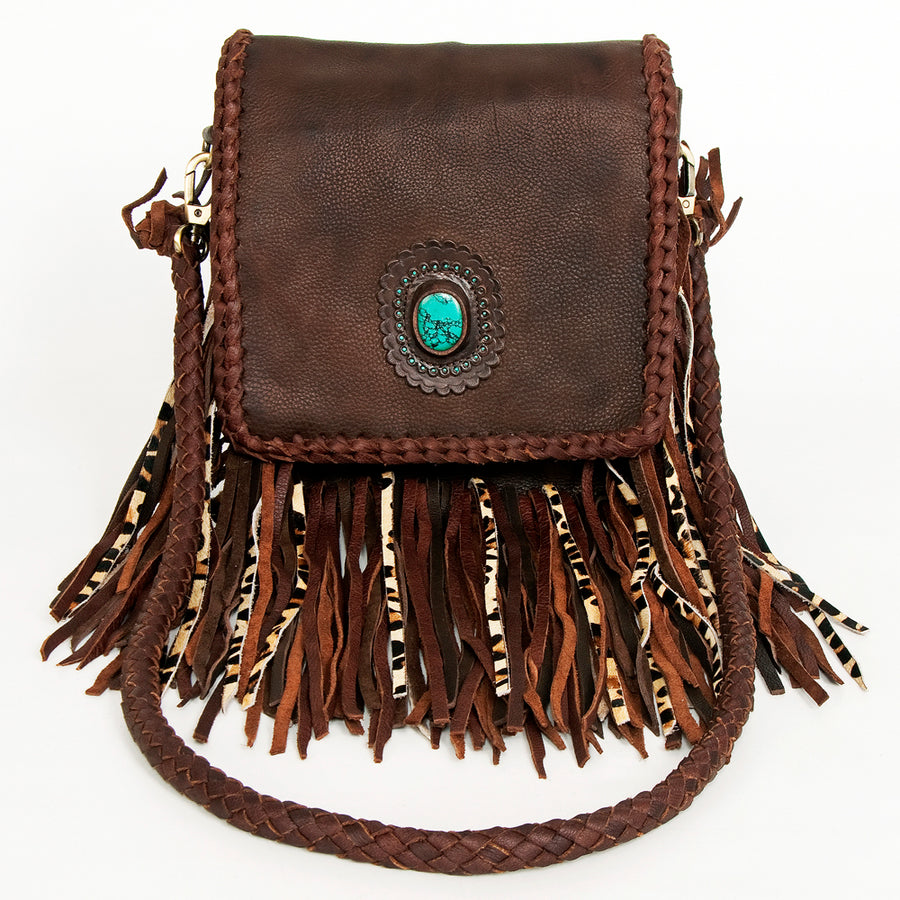 American Darling Messenger Bag Western Genuine Leather Handcrafted Purse with Fringes and Turquoise Stone