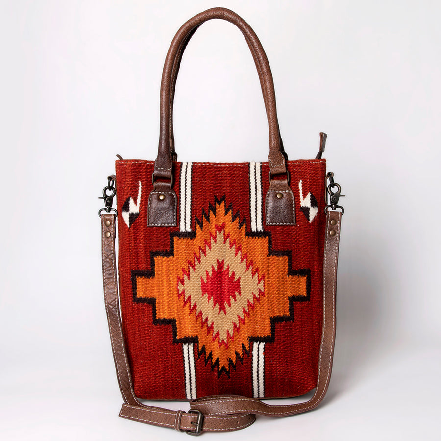 American Darling Saddle Blanket Tote Bag – Handwoven Wool Western Tote with Genuine Leather Handles & Spacious Interior