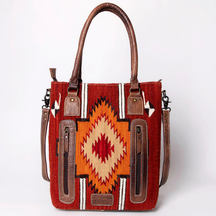 American Darling Saddle Blanket Tote Bag – Handwoven Wool Western Tote with Genuine Leather Handles & Spacious Interior