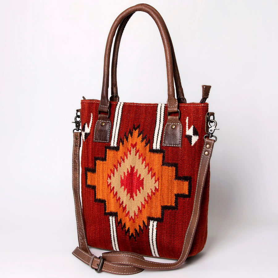 American Darling Handwoven Saddle Blanket Western Tote Bag Genuine Leather Straps - Uhorse
