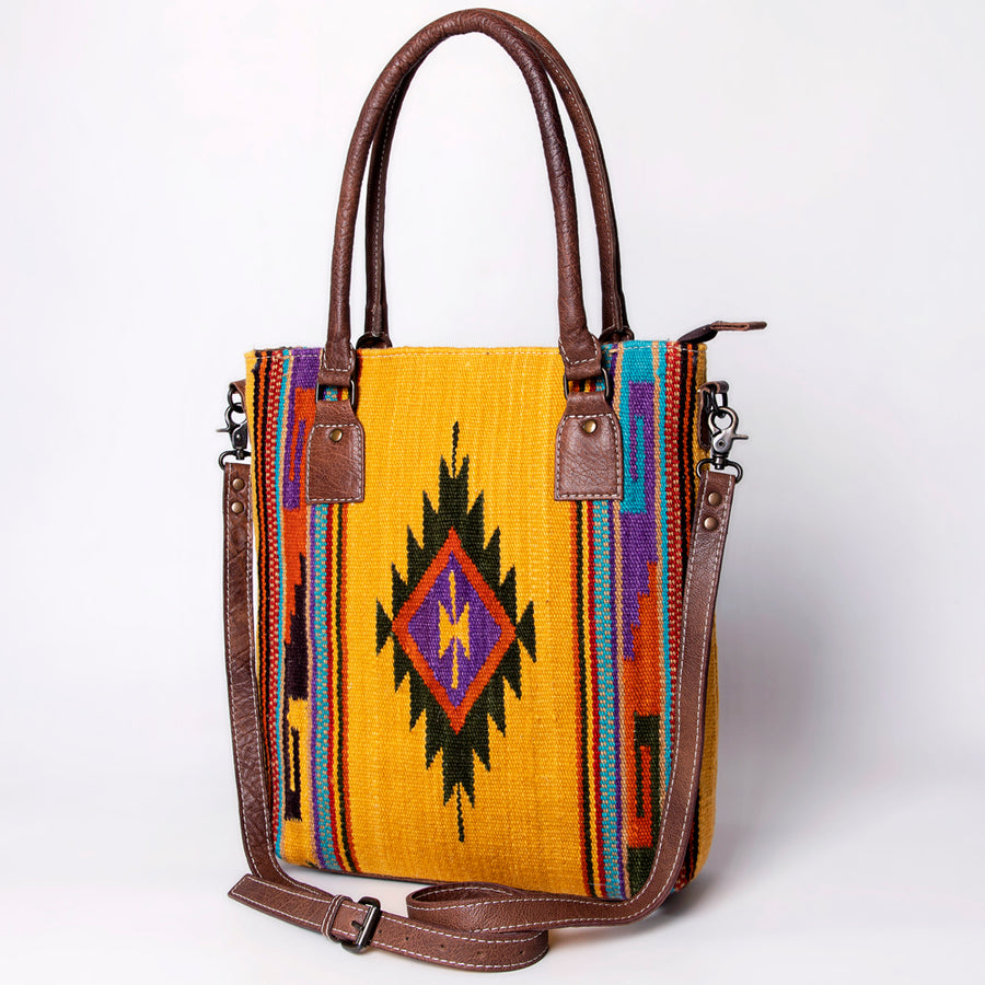 American Darling Handwoven Saddle Blanket Western Tote Bag Genuine Leather Straps - Uhorse