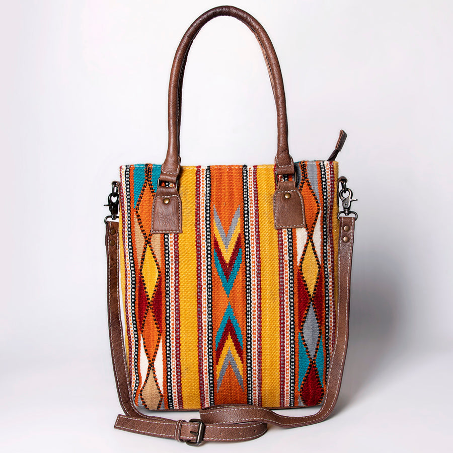 American Darling Saddle Blanket Tote Bag – Handwoven Wool Western Tote with Genuine Leather Handles & Spacious Interior