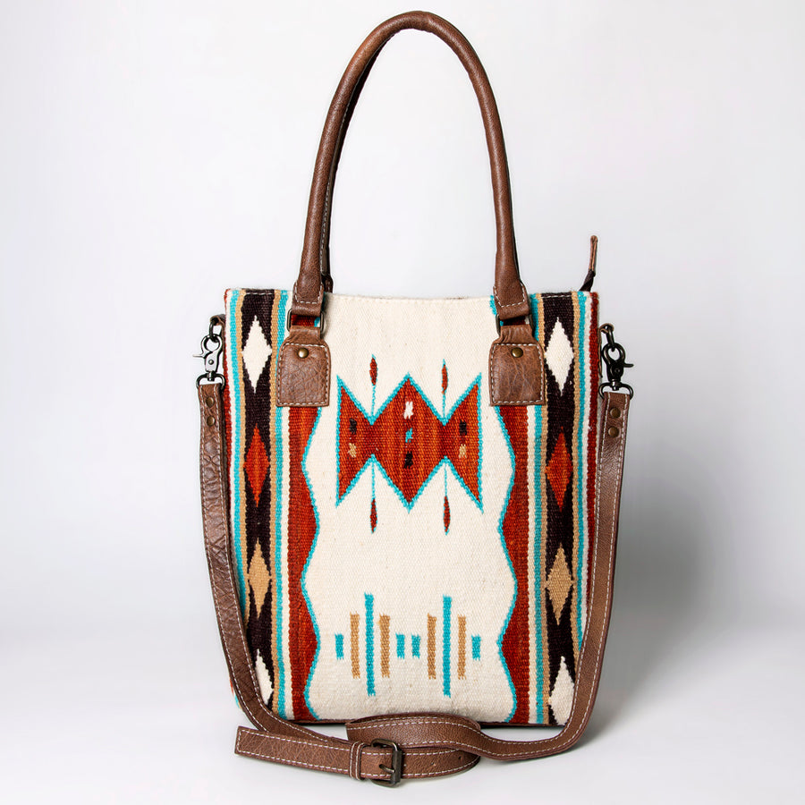 American Darling Saddle Blanket Tote Bag – Handwoven Wool Western Tote with Genuine Leather Handles & Spacious Interior