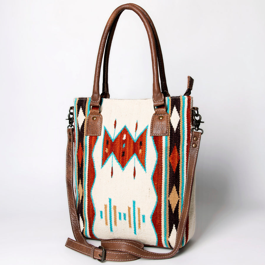 American Darling Handwoven Saddle Blanket Western Tote Bag Genuine Leather Straps - Uhorse