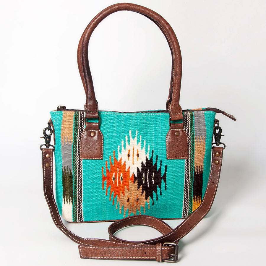 American Darling Western Saddle Blanket Tote Bag, Genuine Leather Trim, Removable Crossbody Strap, Zipper Closure