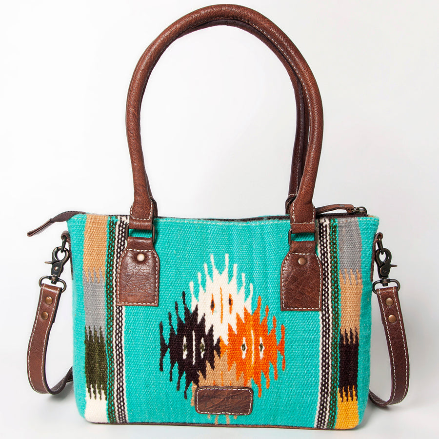 American Darling Western Saddle Blanket Tote Bag, Genuine Leather Trim, Removable Crossbody Strap, Zipper Closure