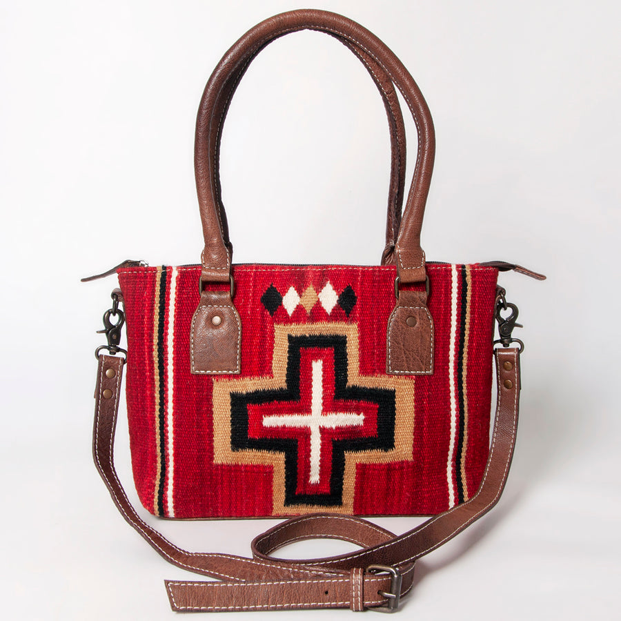 American Darling Western Saddle Blanket Tote Bag, Genuine Leather Trim, Removable Crossbody Strap, Zipper Closure