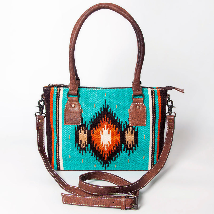 American Darling Western Saddle Blanket Tote Bag, Genuine Leather Trim, Removable Crossbody Strap, Zipper Closure