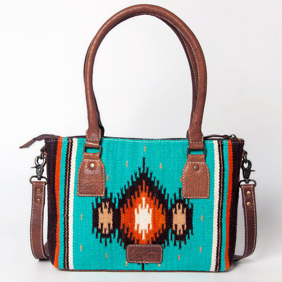 American Darling Western Saddle Blanket Tote Bag, Genuine Leather Trim, Removable Crossbody Strap, Zipper Closure