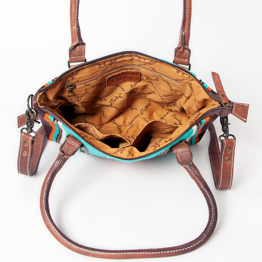 American Darling Western Saddle Blanket Tote Bag, Genuine Leather Trim, Removable Crossbody Strap, Zipper Closure