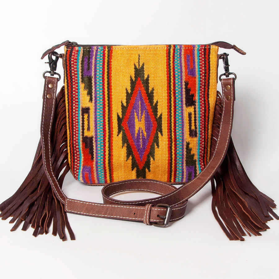 American Darling Western Crossbody Bag – Handwoven Saddle Blanket with Genuine Leather and Fringes, Compact Everyday Purse