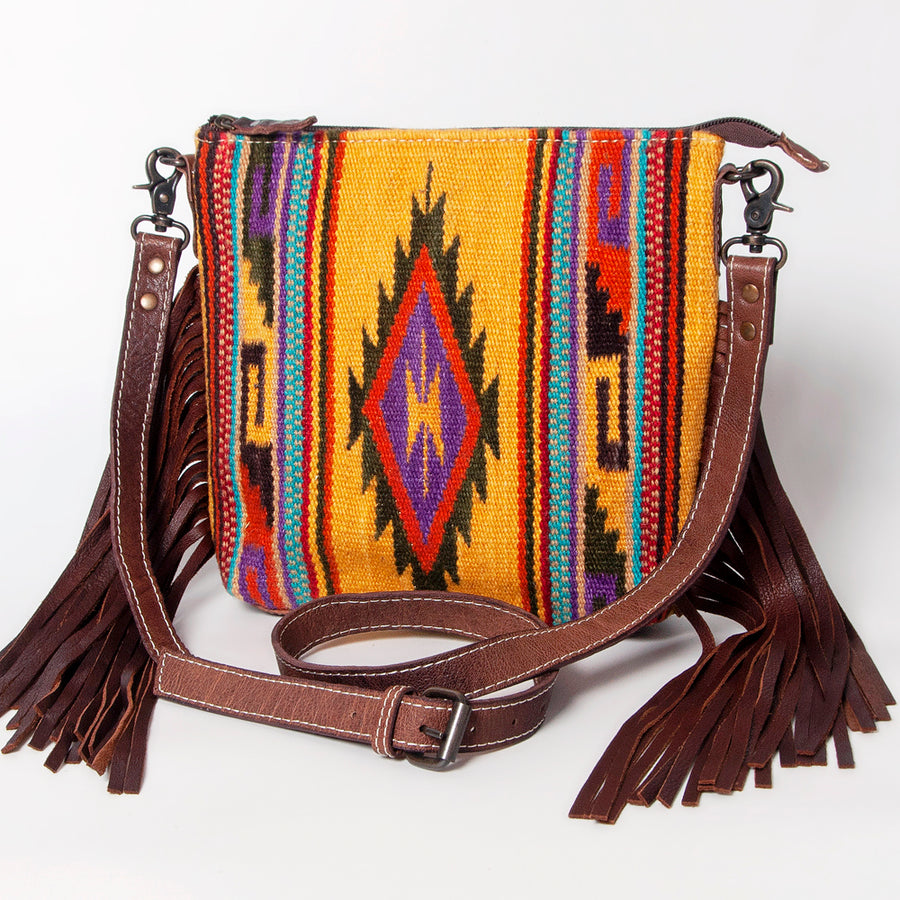 American Darling Handwoven Saddle Blanket Fringe Crossbody Bag Genuine Leather - Uhorse