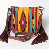 handwoven yellow saddle blanket western crossbody bag with fringes and genuine leather trim by American Darling