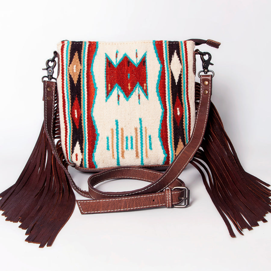 American Darling Western Crossbody Bag – Handwoven Saddle Blanket with Genuine Leather and Fringes, Compact Everyday Purse