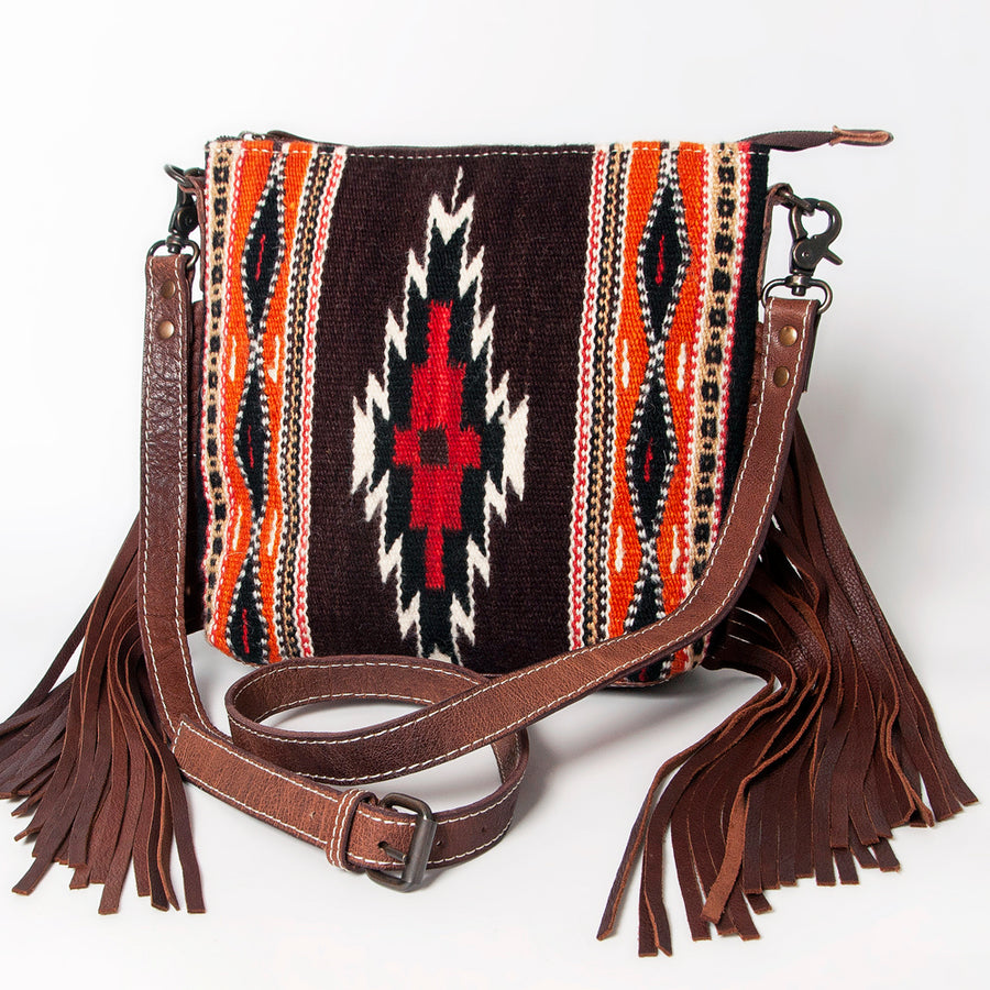 American Darling Handwoven Saddle Blanket Fringe Crossbody Bag Genuine Leather - Uhorse