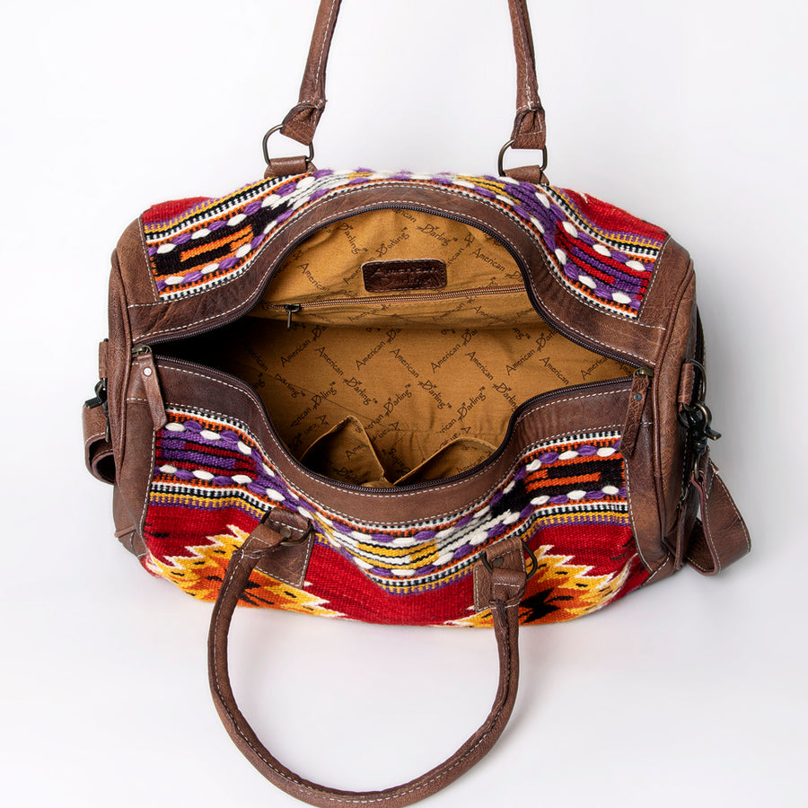 American Darling Western Duffle Bag – Handwoven Saddle Blanket with Genuine Leather Trim, Spacious Travel and Weekend Tote
