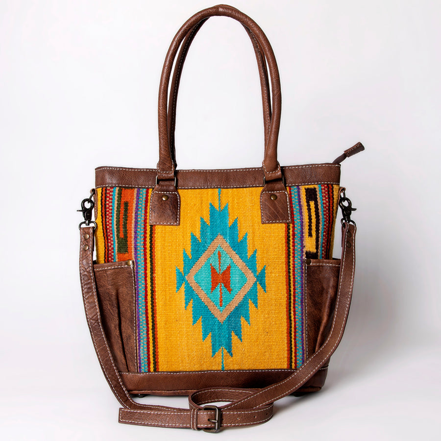 American Darling Western Tote Bag – Handwoven Saddle Blanket Genuine Leather Trim, Everyday Work or Travel Purse