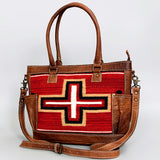 handwoven saddle blanket western leather tote bag with genuine brown leather body by American Darling