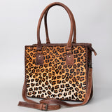 handcrafted leopard print hair-on cowhide western leather tote bag with brown handles by American Darling