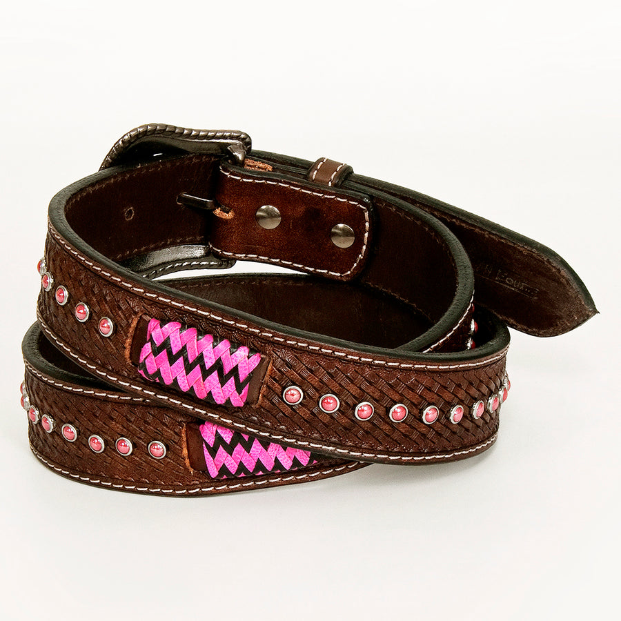 BAR H EQUINE Pink Rawhide Basket Hand Tooled Genuine Leather Belt Unisex Brown Western with Removable Buckle