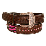 BAR H EQUINE Pink Rawhide Basket Hand Tooled Genuine Leather Belt Unisex Brown Western Belt with Removable Buckle