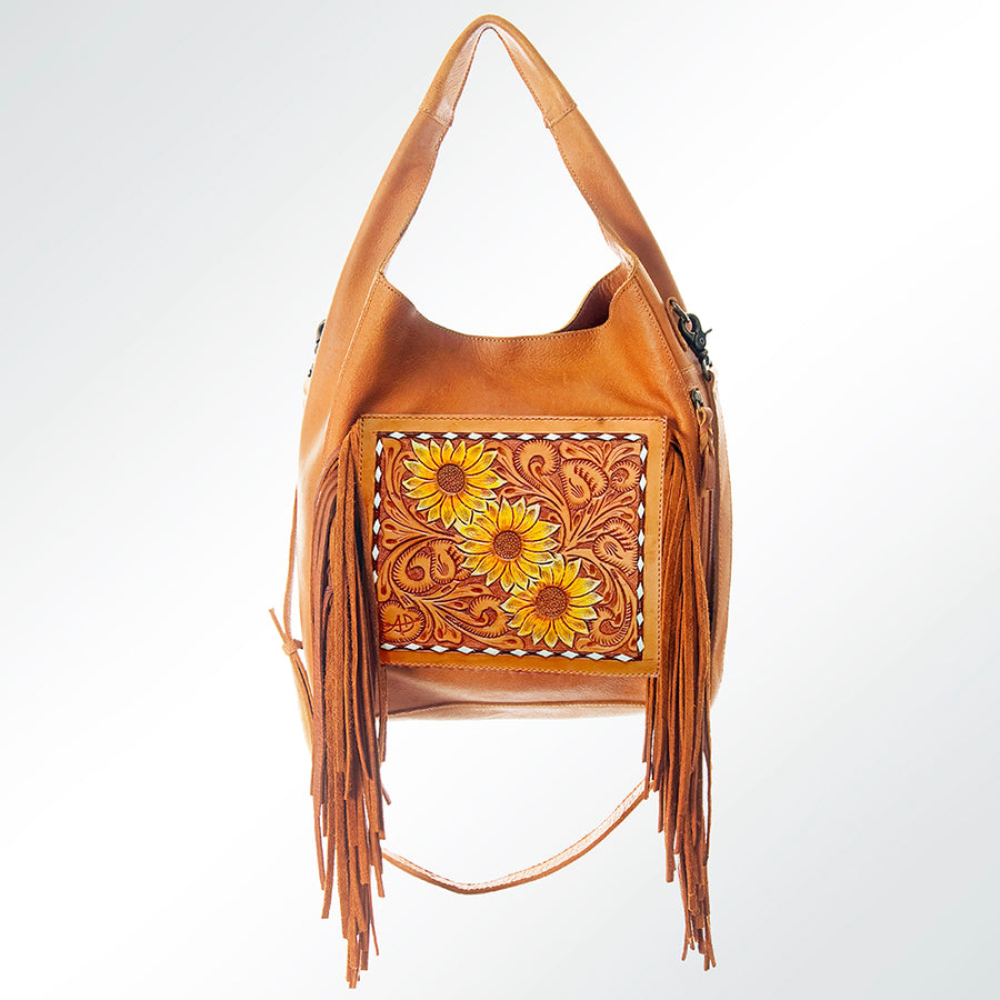 Tan leather hobo bag with tooled sunflower design and fringe - Uhorse