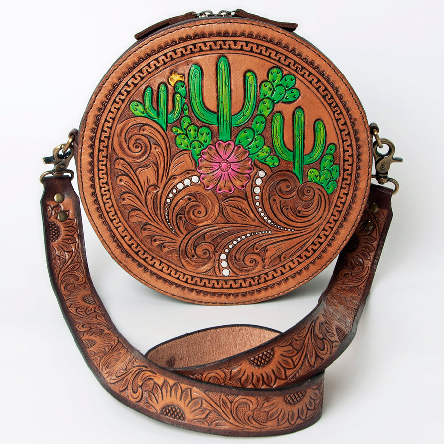 American Darling Canteen Bag for Women - Hand Tooled Floral Carved Genuine Leather Round Crossbody with YKK Zipper