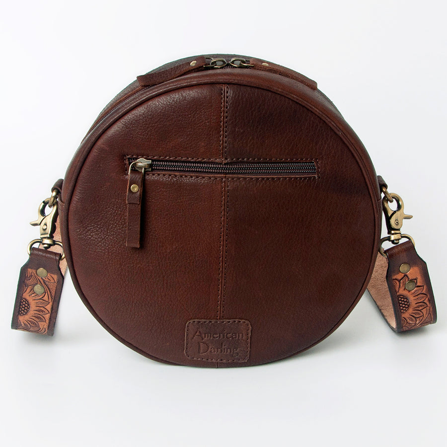 American Darling Canteen Bag for Women - Hand Tooled Floral Carved Genuine Leather Round Crossbody with YKK Zipper