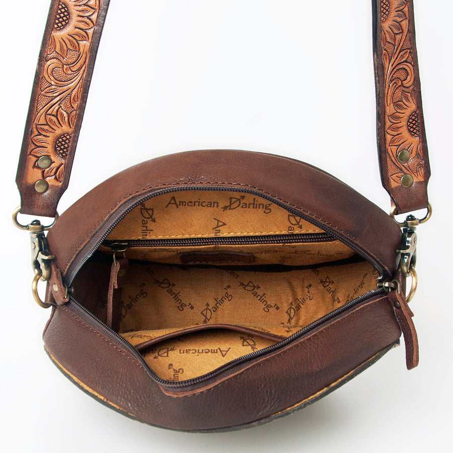 American Darling Canteen Bag for Women - Hand Tooled Floral Carved Genuine Leather Round Crossbody with YKK Zipper