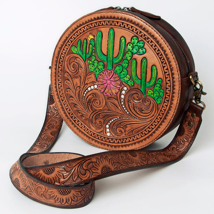 American Darling Hand Tooled Genuine Leather Floral Carved Canteen Bag - Hilason