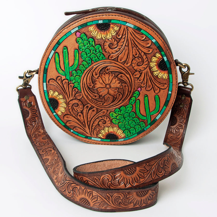 American Darling Canteen Bag for Women - Hand Tooled Floral Carved Genuine Leather Round Crossbody with YKK Zipper