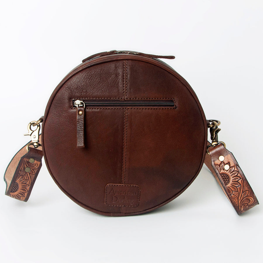 American Darling Canteen Bag for Women - Hand Tooled Floral Carved Genuine Leather Round Crossbody with YKK Zipper