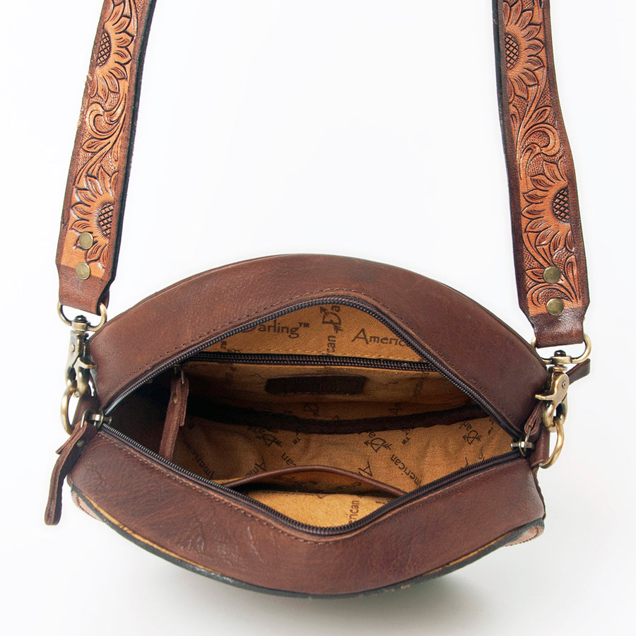 American Darling Canteen Bag for Women - Hand Tooled Floral Carved Genuine Leather Round Crossbody with YKK Zipper