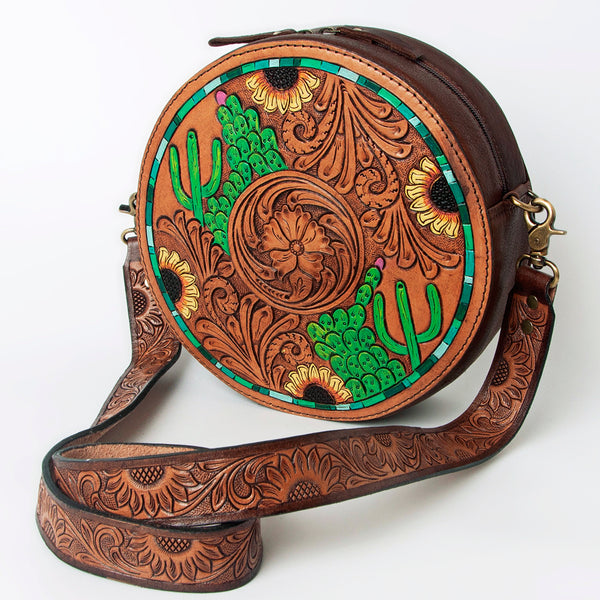 American Darling Hand Tooled Genuine Leather Floral Carved Canteen Bag - Hilason
