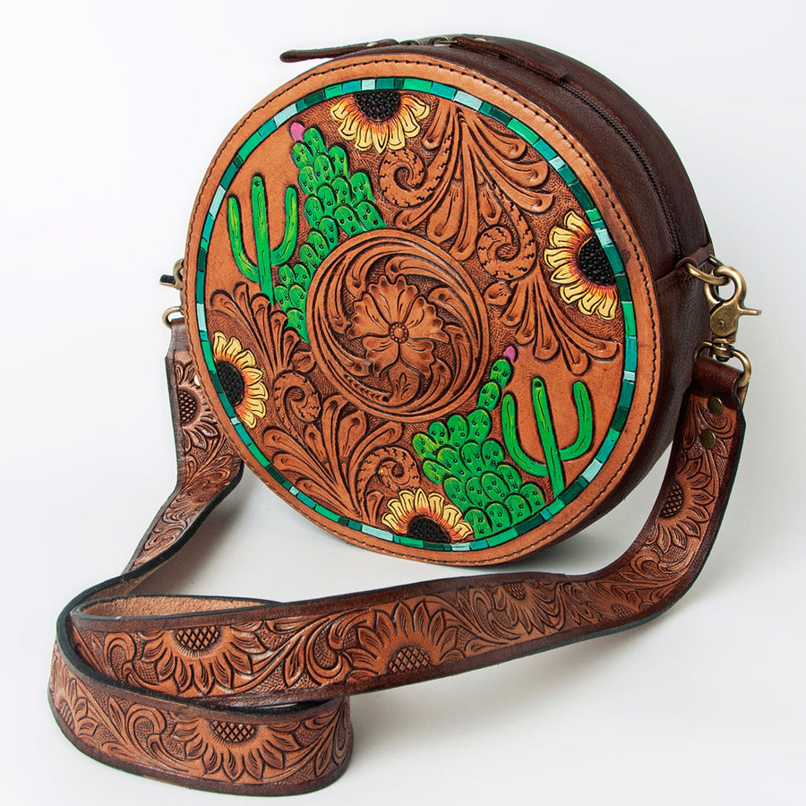 American Darling Hand Tooled Genuine Leather Floral Carved Canteen Bag - Hilason