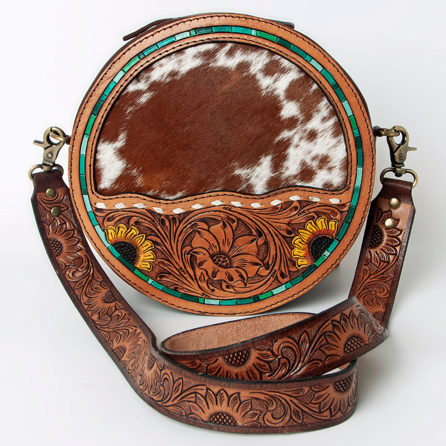 American Darling Canteen Bag for Women - Hand Tooled Floral Carved Genuine Leather Round Crossbody with YKK Zipper
