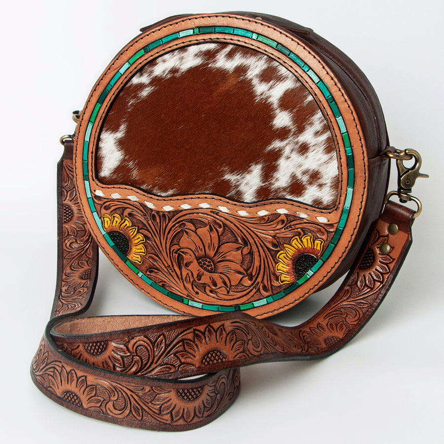 American Darling Hand Tooled Genuine Leather Floral Carved Canteen Bag - Hilason