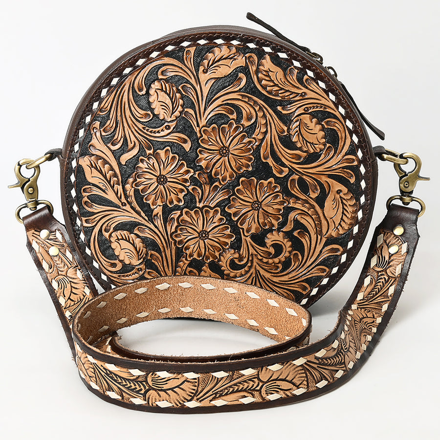 American Darling Canteen Bag for Women - Hand Tooled Floral Carved Genuine Leather Round Crossbody with YKK Zipper