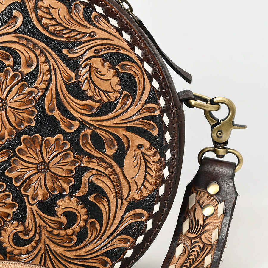 American Darling Canteen Bag for Women - Hand Tooled Floral Carved Genuine Leather Round Crossbody with YKK Zipper