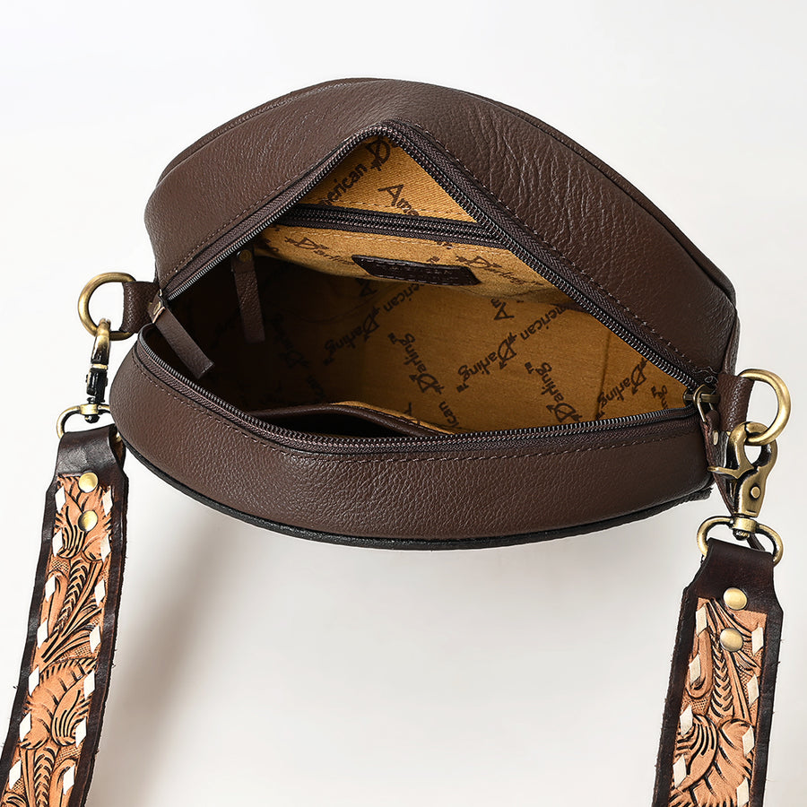 American Darling Canteen Bag for Women - Hand Tooled Floral Carved Genuine Leather Round Crossbody with YKK Zipper