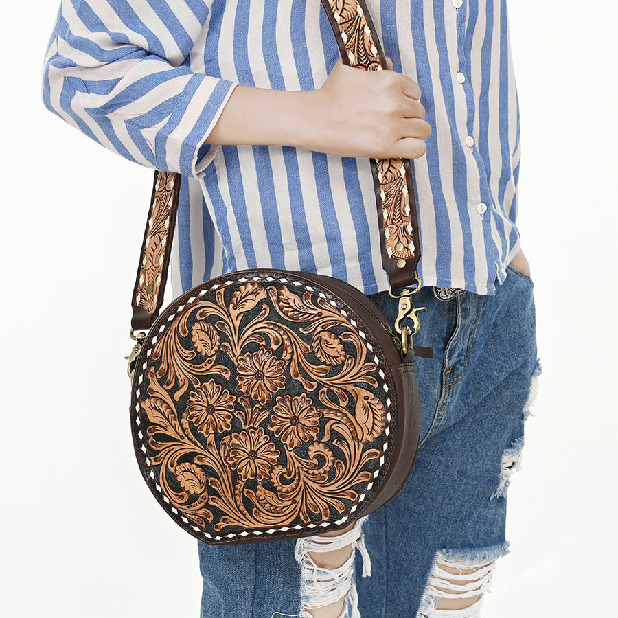 American Darling Canteen Bag for Women - Hand Tooled Floral Carved Genuine Leather Round Crossbody with YKK Zipper