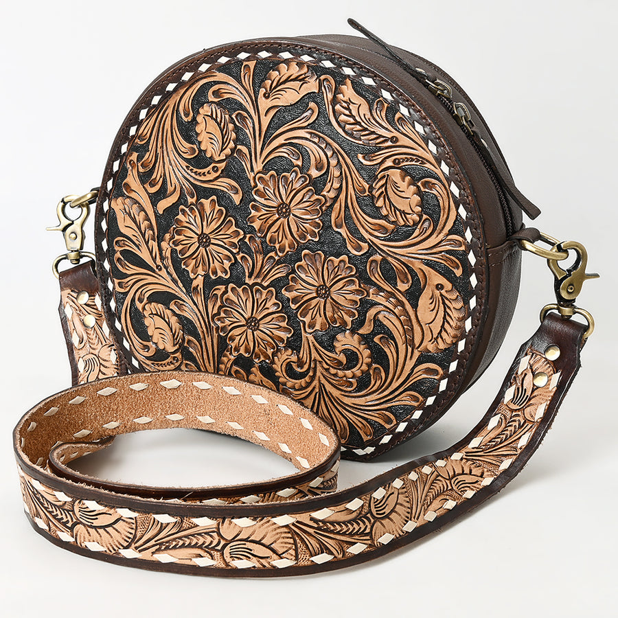 American Darling Hand Tooled Genuine Leather Floral Carved Canteen Bag - Hilason