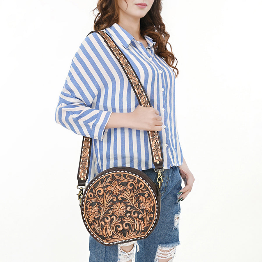 American Darling Canteen Bag for Women - Buck Stitched, Hand Tooled Floral Carved Genuine Leather Round Crossbody