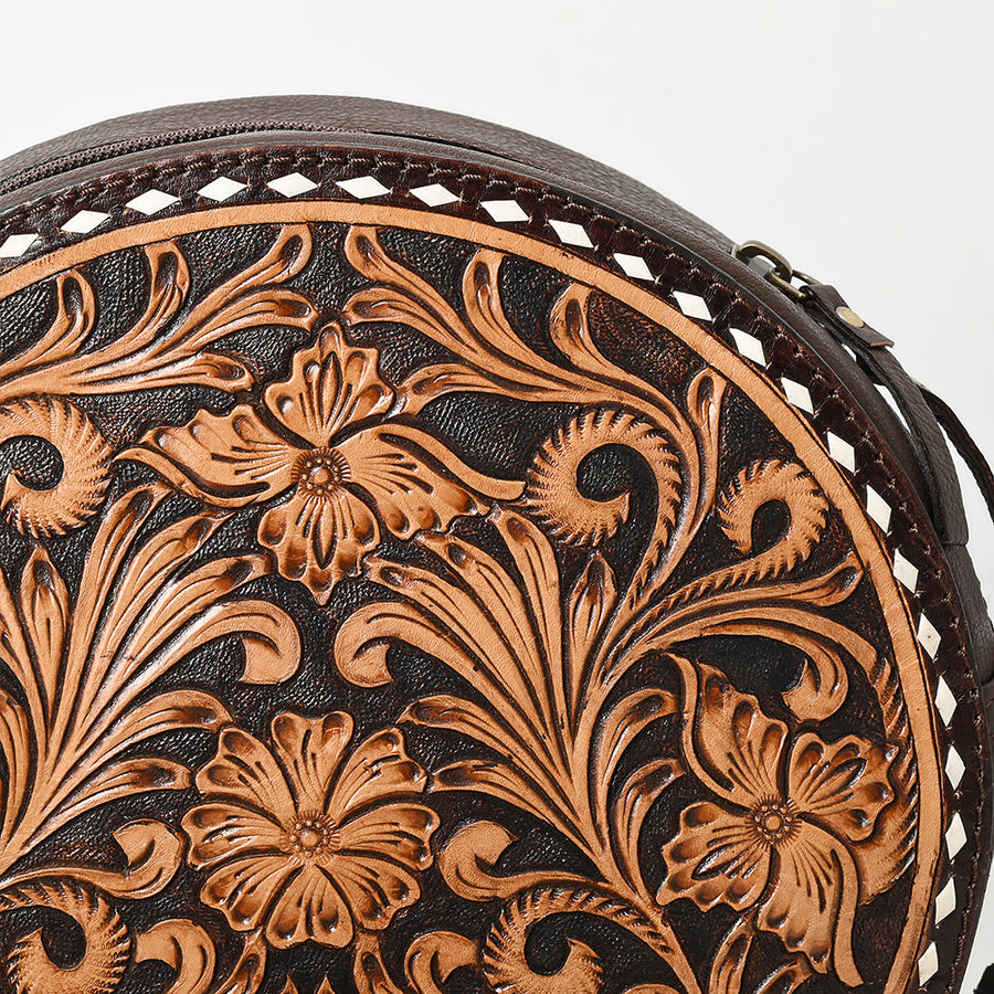 American Darling Canteen Bag for Women - Buck Stitched, Hand Tooled Floral Carved Genuine Leather Round Crossbody