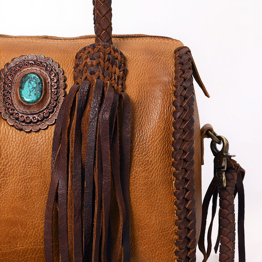 American Darling Speedy Bag Western Genuine Leather Handcrafted Purse with Fringes, Braided Handles and Turquoise Stone