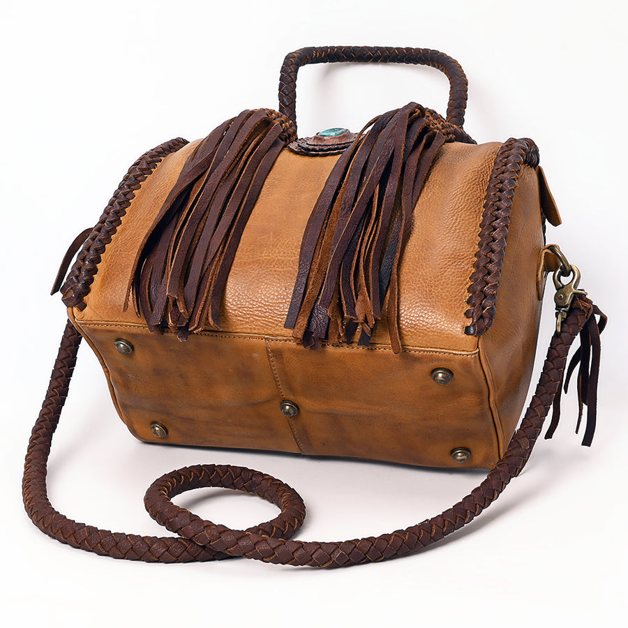 American Darling Speedy Bag Western Genuine Leather Handcrafted Purse with Fringes, Braided Handles and Turquoise Stone