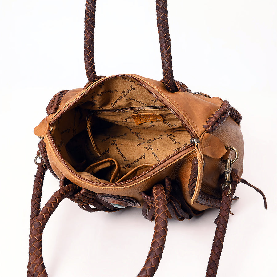 American Darling Speedy Bag Western Genuine Leather Handcrafted Purse with Fringes, Braided Handles and Turquoise Stone