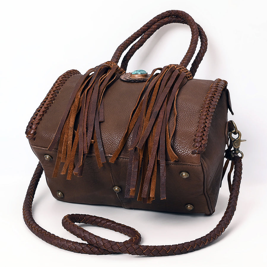 American Darling Speedy Bag Western Genuine Leather Handcrafted Purse with Fringes, Braided Handles and Turquoise Stone