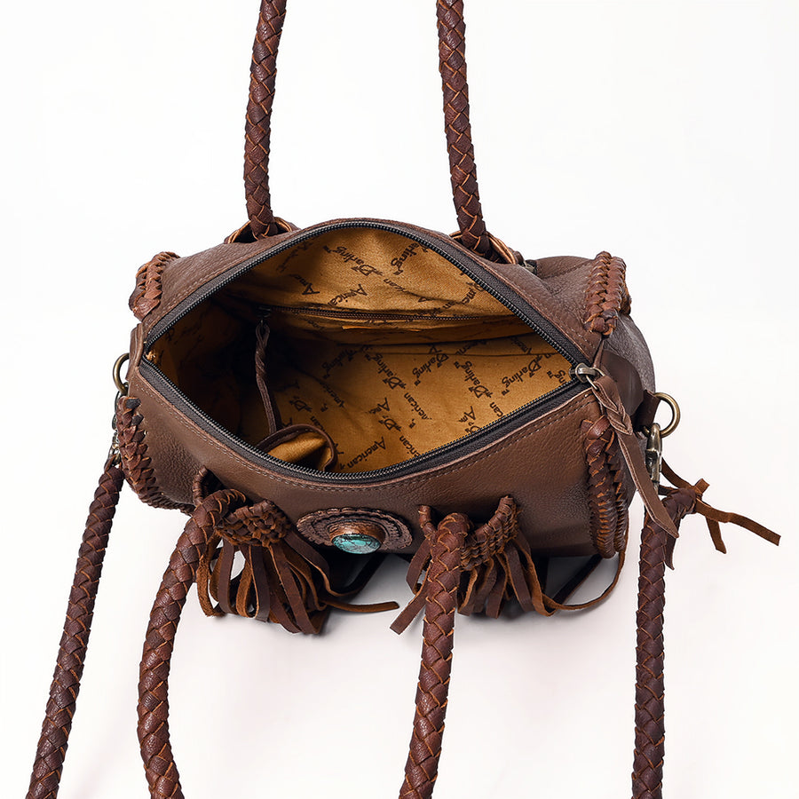 American Darling Speedy Bag Western Genuine Leather Handcrafted Purse with Fringes, Braided Handles and Turquoise Stone