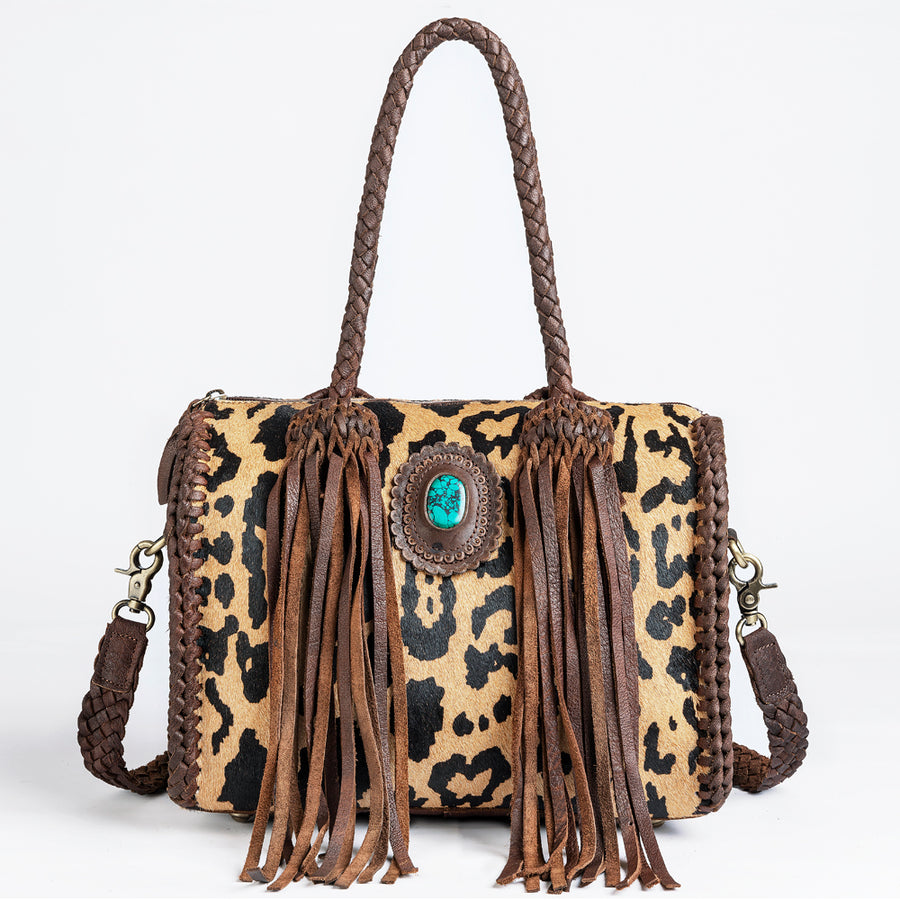 American Darling Speedy Bag Western Genuine Leather Handcrafted Purse with Fringes, Braided Handles and Turquoise Stone